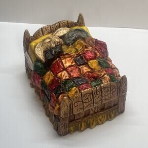 vtg 70s music box cozy bunny rabbits under quilt nowells molds cottage core